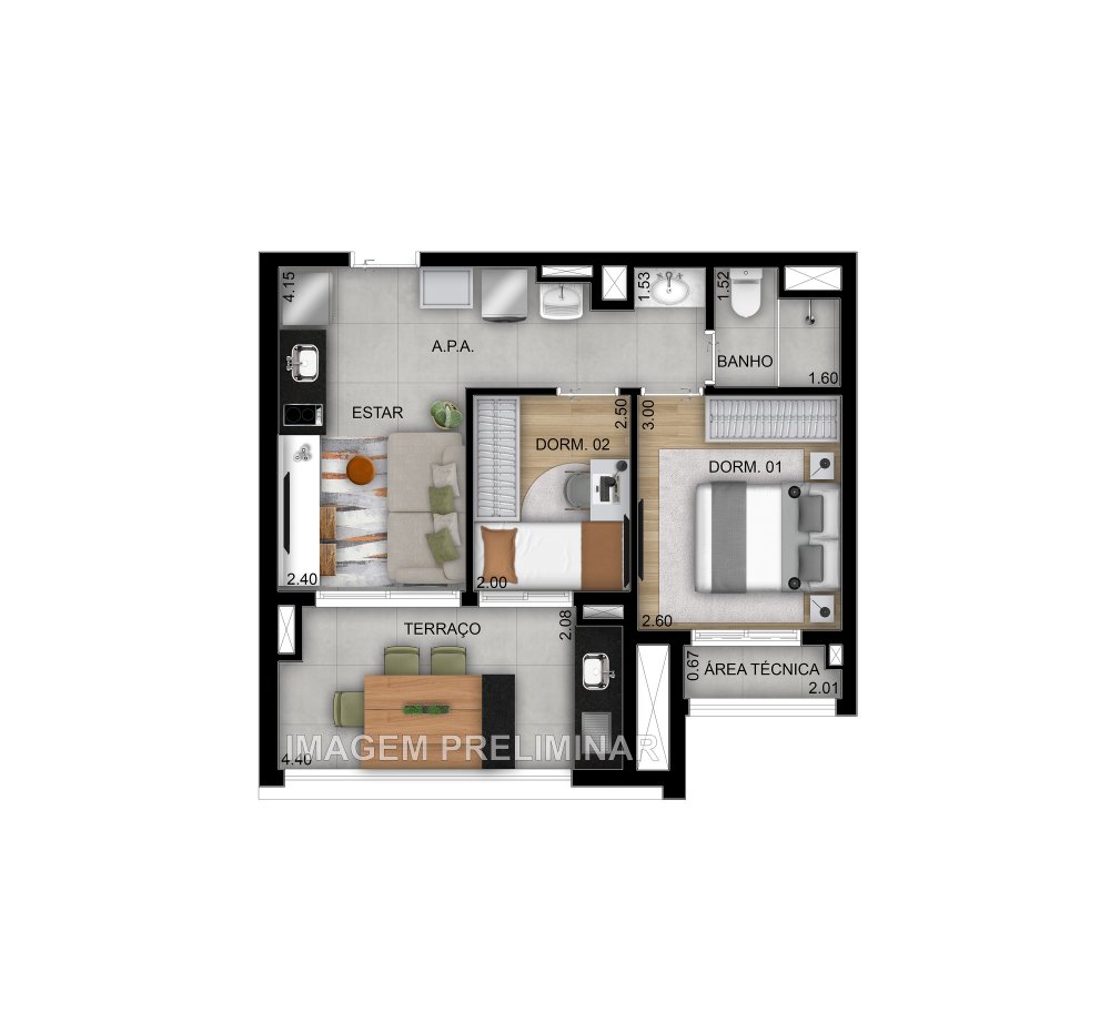 Planta 48 m² 2 dormitórios