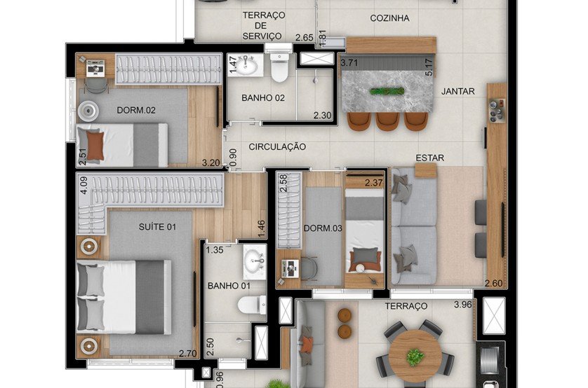 Planta 91 m² 3 dormitórios