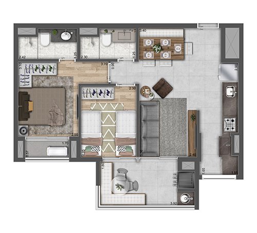 Planta 62 m ² 2 dormitórios