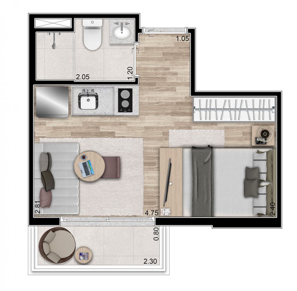 Planta studio 20 m²